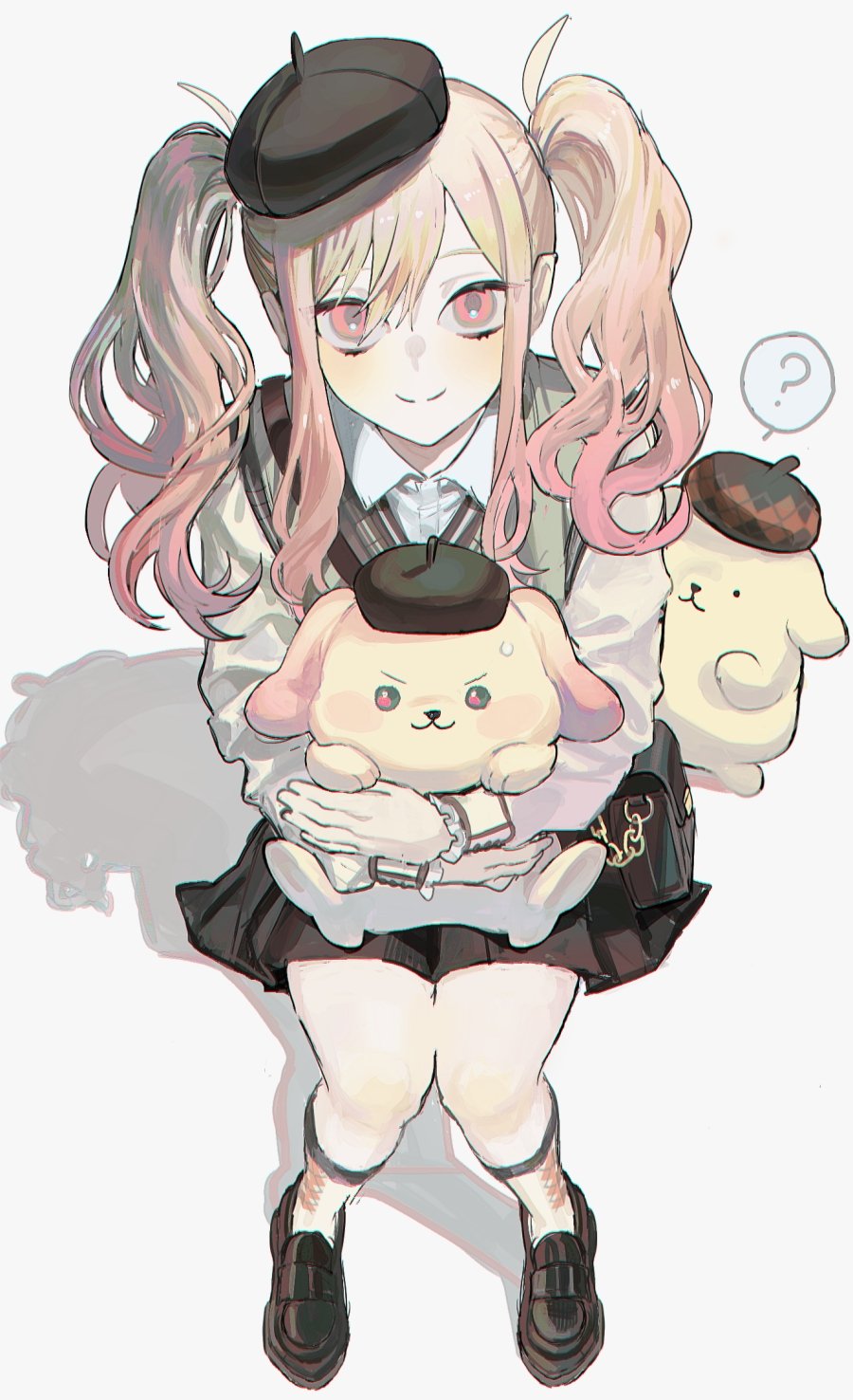 1girl, ?, beret, black_hat, black_skirt, blonde_hair, cardigan, closed_mouth