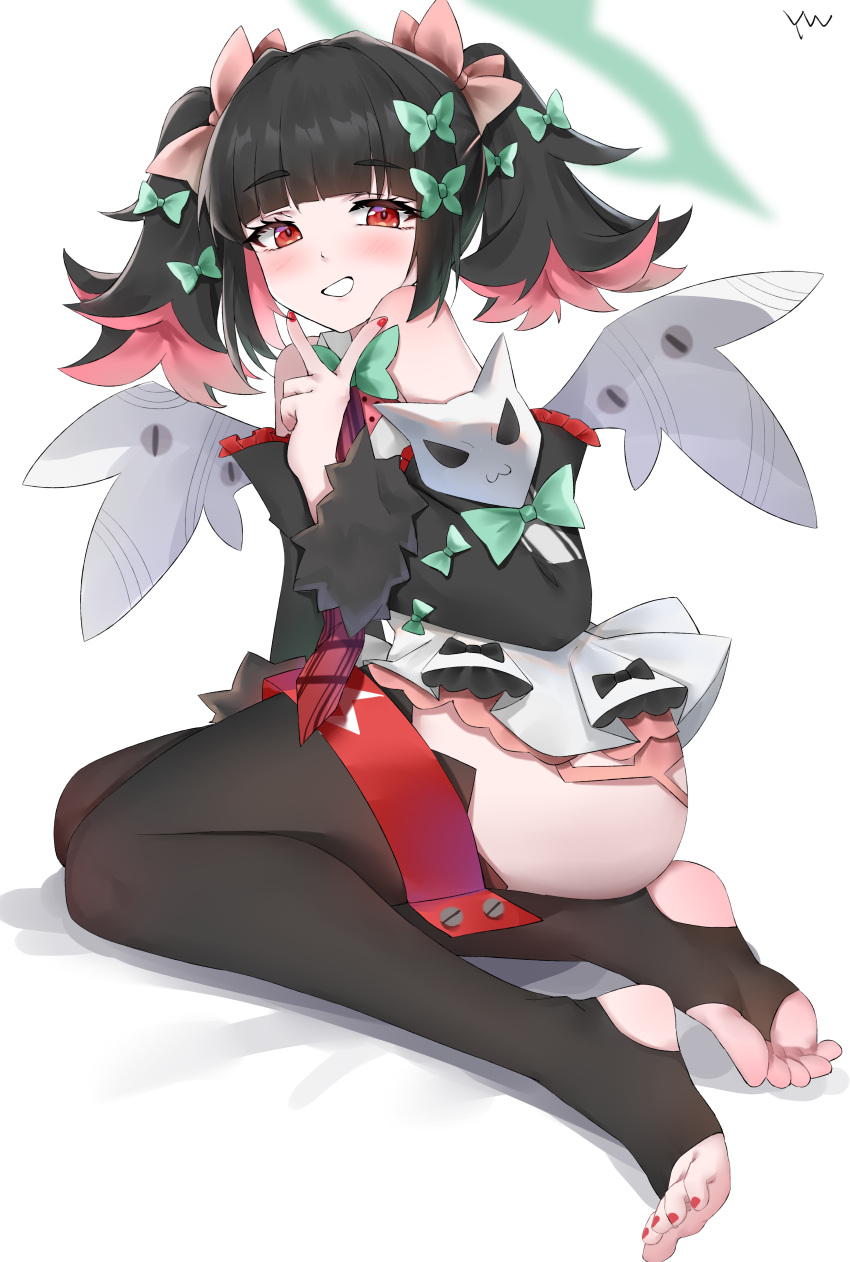 1girl, absurdres, bare_shoulders, black_hair, black_thighhighs, bow, commentary_request, from_behind