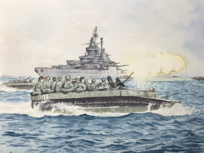 6+boys, atelier_bono, battleship, browning_m2, cannon, clouds, cloudy_sky, commentary_request