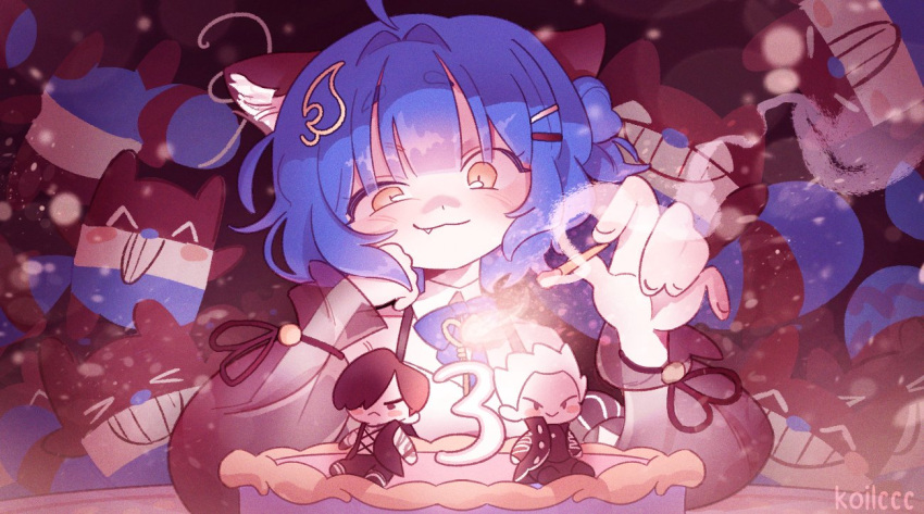 >_<, :3, ^_^, ahoge, animal_ears, birthday_cake, black_ribbon, blue_bow