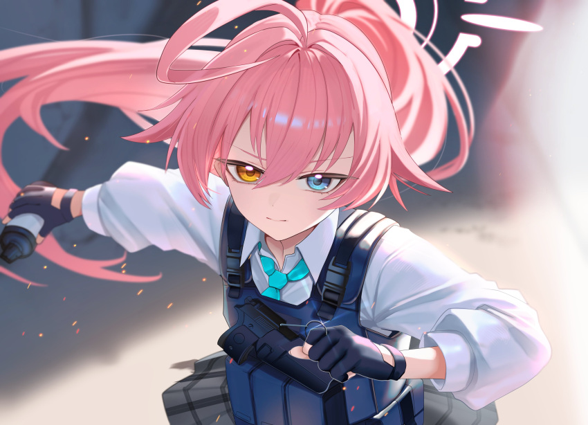 1girl, absurdres, ahoge, beretta_92, black_gloves, blue_archive, blue_eyes, blue_necktie