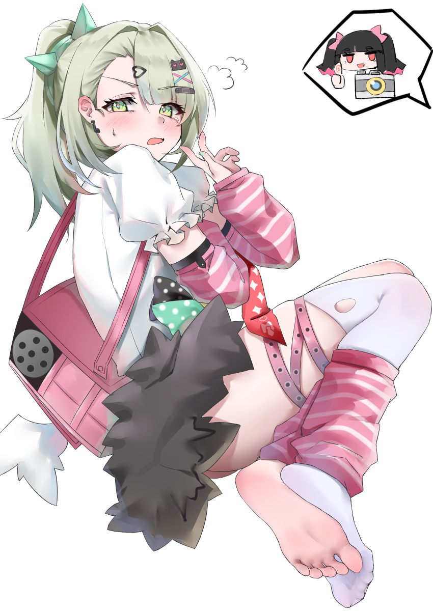 2girls, absurdres, arm_warmers, bag, barefoot, commentary_request, fang, feet