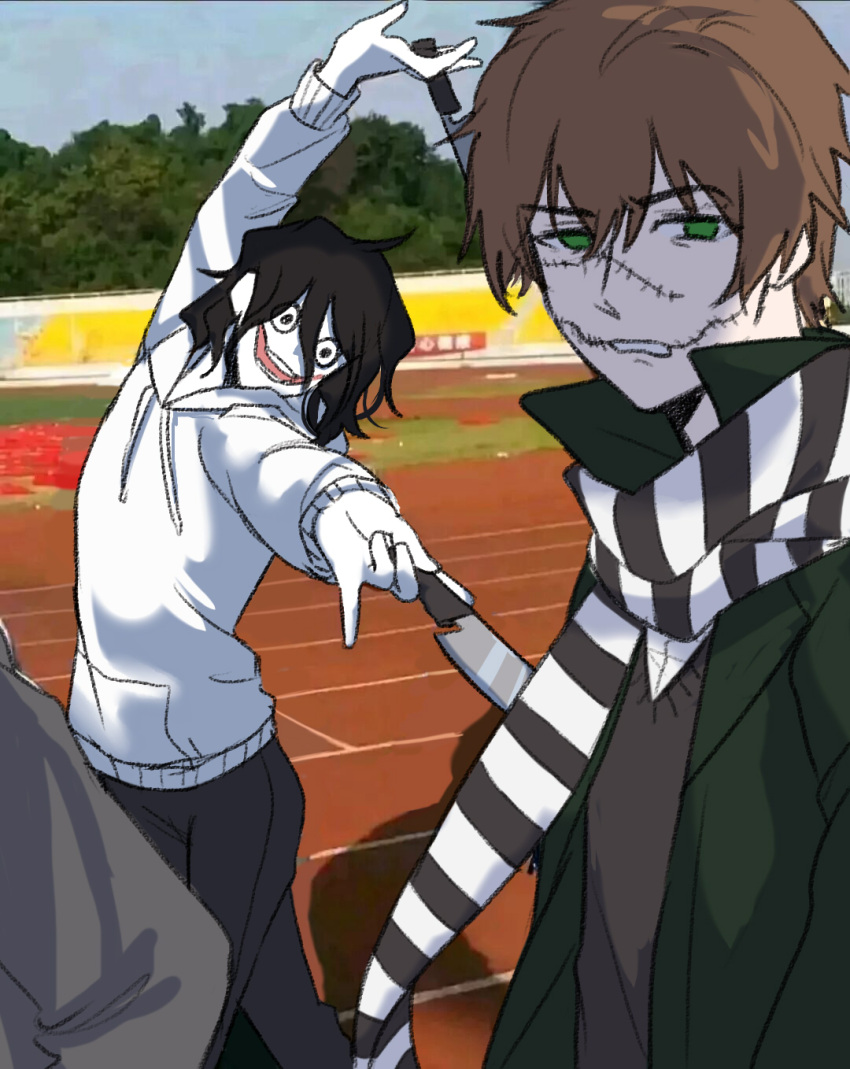3boys, :d, \o/, achaidashuaige, ahoge, animification, arms_up, backlighting