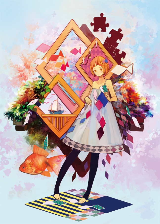 bare_shoulders, black_legwear, blush, card, cards, colorful, dress, falling_card