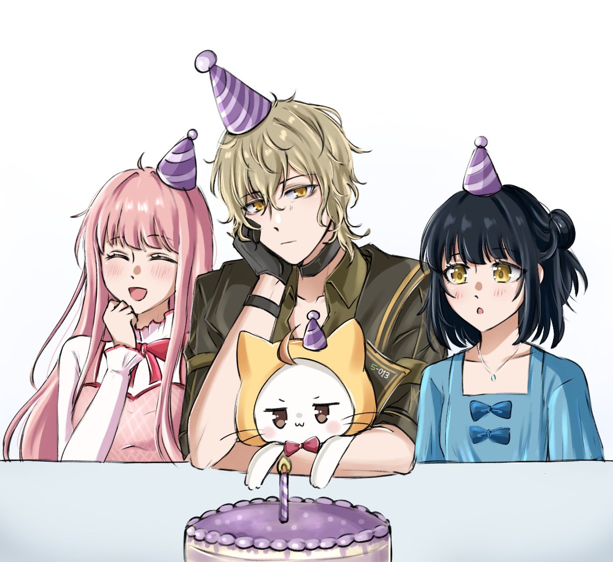 1boy, 2girls, :3, :o, ^_^, ahoge, animal, argyle_clothes