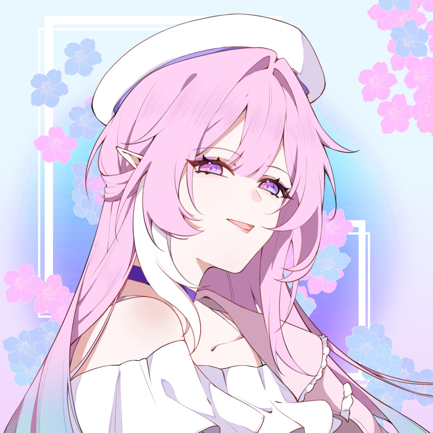 1girl, aqua_hair, bare_shoulders, beret, chinese_commentary, commentary_request, cyrene_(demiurge)_(honkai:_star_rail), cyrene_(honkai:_star_rail), diamond-shaped_pupils, diamond_(shape), dress, floral_background, hat, highres, honkai:_star_rail, honkai_(series), long_hair, multicolored_hair, official_alternate_costume, pink_hair, pointy_ears, qiu_yin, solo, symbol-shaped_pupils, upper_body, very_long_hair, violet_eyes, white_dress, white_hair