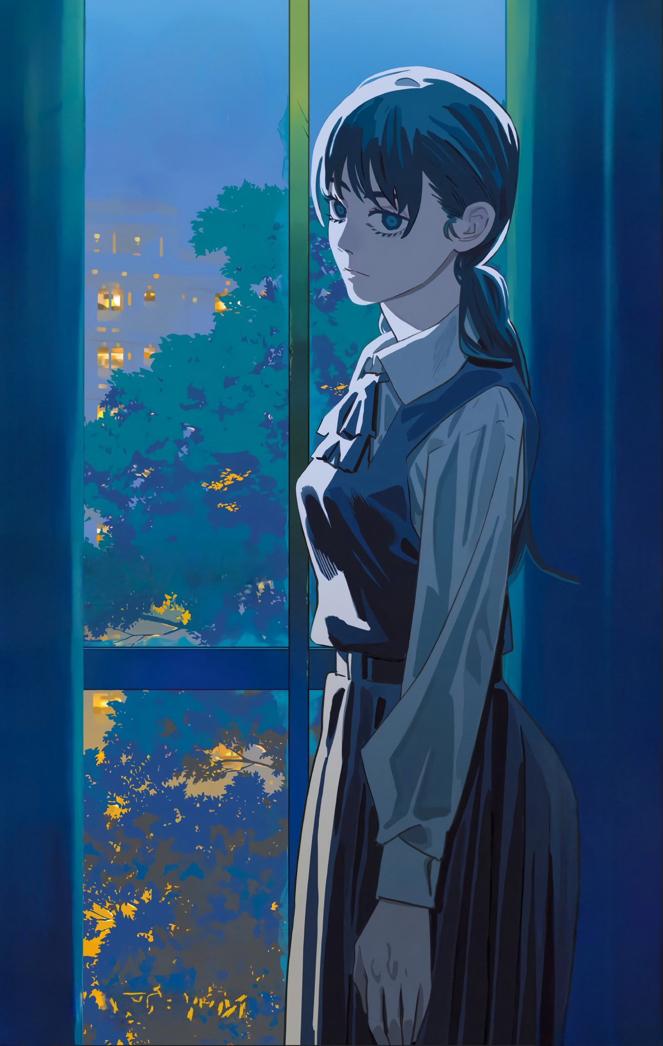 1girl, black_hair, blue_dress, blue_eyes, building, chainsaw_man, city, city_lights