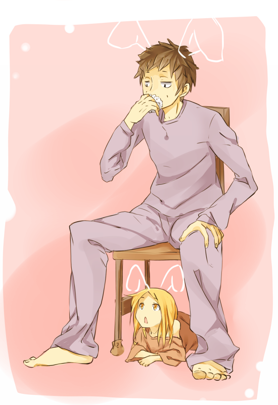 1girl, :<, animal_ears, barefoot, blonde_hair, bunny_ears, chair, child