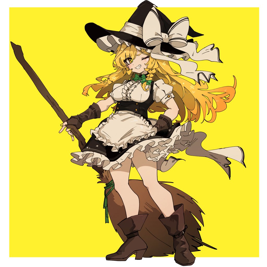 1girl, anderson_m0311, apron, black_hat, black_skirt, blonde_hair, boots, bow, bowtie, braid, breasts, broom, brown_boots, brown_gloves, commentary, fingerless_gloves, frilled_skirt, frills, full_body, gloves, green_bow, green_bowtie, grin, hair_bow, hat, hat_bow, high_heel_boots, high_heels, holding, holding_broom, kirisame_marisa, large_breasts, long_hair, looking_at_viewer, puffy_short_sleeves, puffy_sleeves, short_sleeves, side_braid, single_braid, skirt, smile, solo, touhou, underbust, very_long_hair, waist_apron, white_bow, witch_hat, yellow_eyes