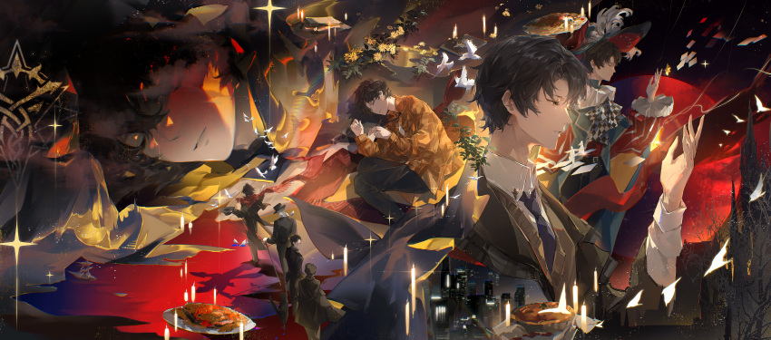 6+boys, absurdres, artist_request, bird, black_hair, black_jacket, black_necktie, black_pants