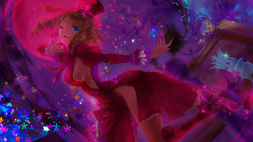 blonde_hair, blue_eyes, breasts, chess_piece, curly_hair, door, dress, full_moon