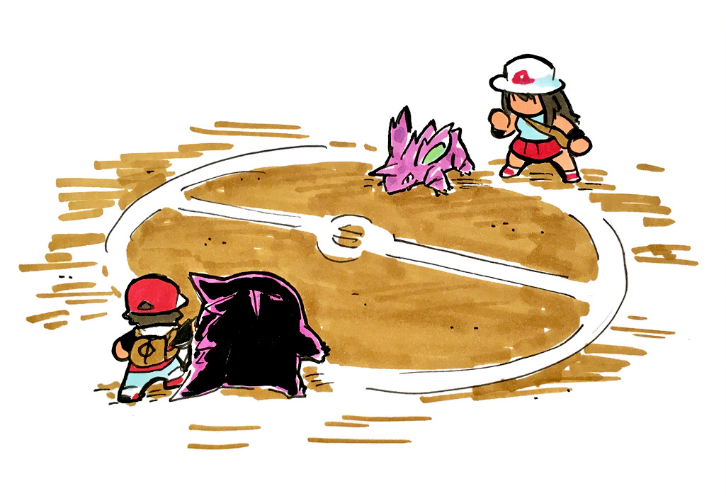 1boy, 1girl, deformed, duel, fighting_stance, full_body, gengar, leaf_(pokemon), nidorino, poke_ball_symbol, pokemon, pokemon_(creature), pokemon_battle, pokemon_frlg, pokemon_rgby, red_(pokemon), scene_reference, tinsil, traditional_media