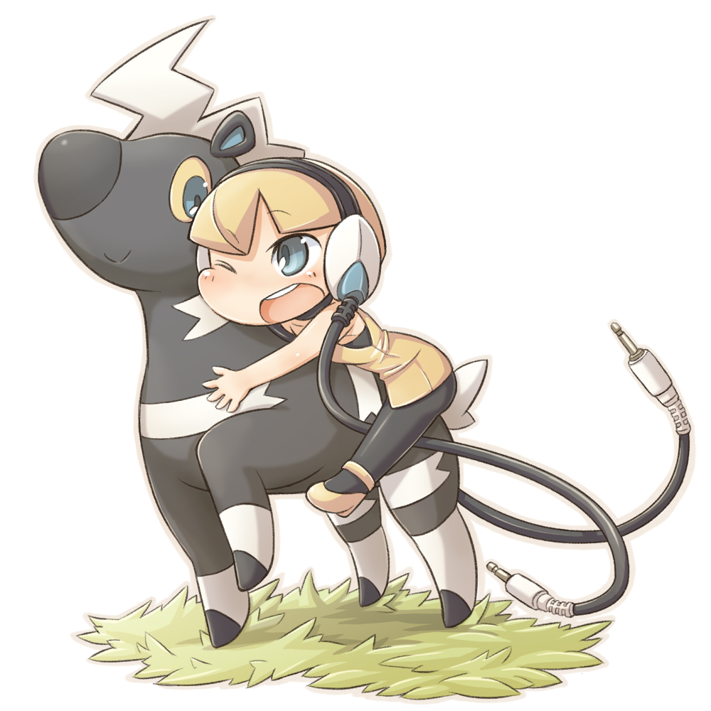 1girl, blitzle, blonde_hair, chibi, gunjima_souichirou, horse, horseback_riding, kamitsure_(pokemon)