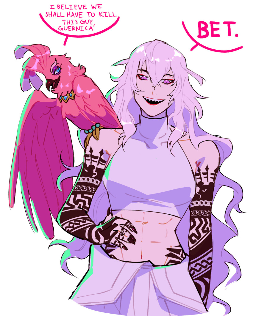 1girl, abs, animal_on_shoulder, arm_tattoo, bare_shoulders, bird, bird_on_shoulder, black_nails
