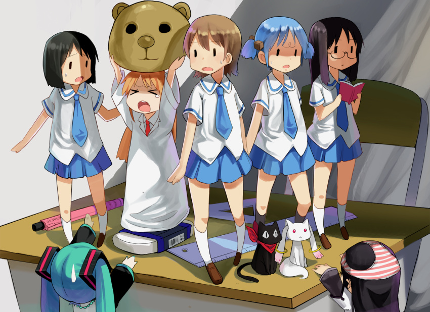 aioi_yuuko, akemi_homura, aqua_hair, black_hair, blue_hair, book, brown_hair, cat