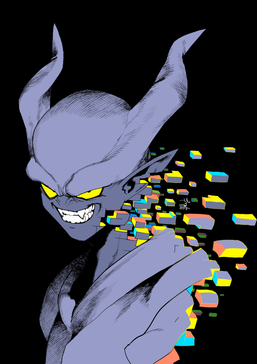 1boy, absurdres, black_background, colored_sclera, demon, dissolving, dragon_ball, dragon_ball_z