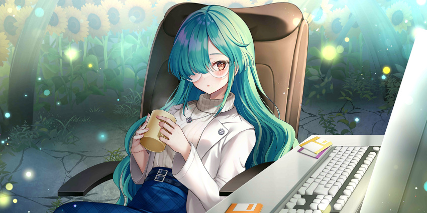 1girl, alternate_costume, artist_request, bespectacled, blue_skirt, breasts, chair, computer_keyboard, cup, floppy_disk, flower, game_cg, glasses, green_hair, hair_over_one_eye, highres, holding, holding_cup, jewelry, kazami_yuuka, kazami_yuuka_(cell-fused_kaiju), long_hair, looking_at_viewer, medium_breasts, mug, necklace, official_art, on_chair, round_eyewear, sitting, skirt, solo, steam, sunflower, sweater, third-party_source, touhou, touhou_lostword, very_long_hair, white_sweater, yellow_eyes, yellow_flower