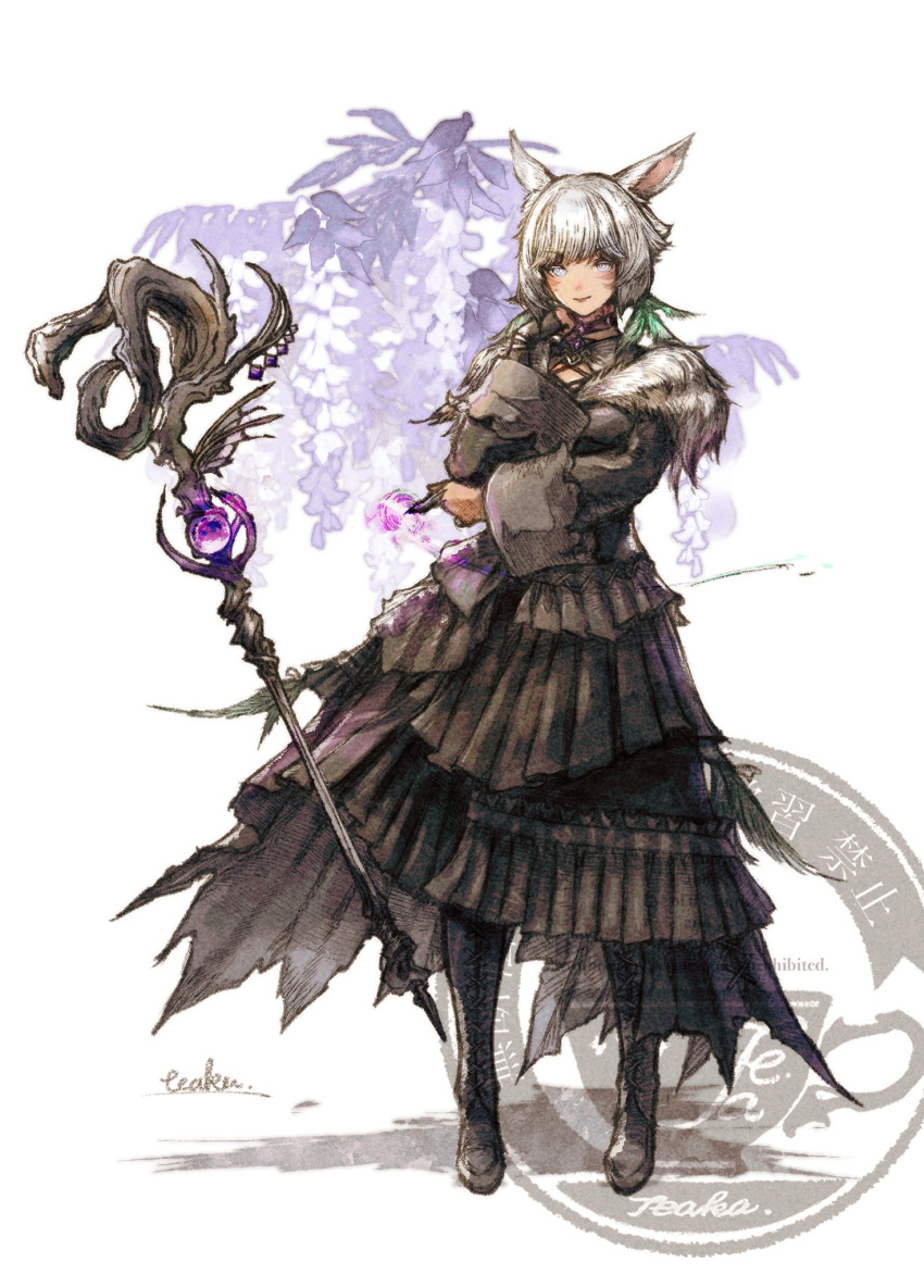 1girl, animal_ears, apatite_teaka, archon_mark, black_boots, black_dress, blind, boots, cat_ears, cat_girl, clenched_hand, commentary, dark-skinned_female, dark_skin, dress, facial_mark, feather_hair_ornament, feathers, final_fantasy, final_fantasy_xiv, fur-trimmed_dress, fur_trim, grey_eyes, hair_ornament, hand_on_own_chin, highres, mage_staff, miqo'te, neck_tattoo, signature, smile, staff, tattoo, untranslatable_commentary, watermark, whisker_markings, white_hair, y'shtola_rhul