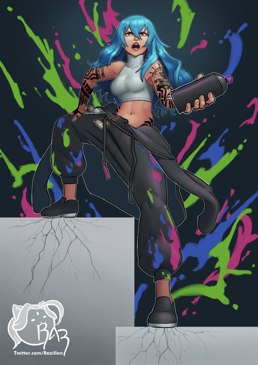 1girl, arm_tattoo, artist_name, baggy_pants, bare_shoulders, belt, black_background, black_belt