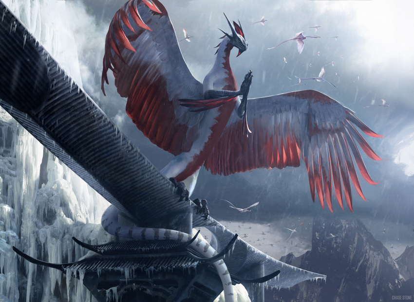 architecture, bird, chase_stone, claws, clouds, cloudy_sky, dragon, dragon_tail, dragonlord_ojutai, east_asian_architecture, feathered_arms, feathered_dragon, feathered_wings, flock, ice, icicle, magic:_the_gathering, meditation, monster, monster_focus, mountain, no_humans, official_art, praying, red_wings, sky, standing, tail, talons, white_dragon, wings