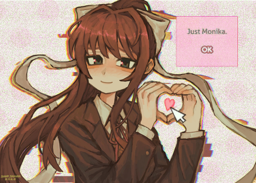 1girl, artist_name, brown_eyes, brown_hair, collared_shirt, commentary, cursor, dialogue_box