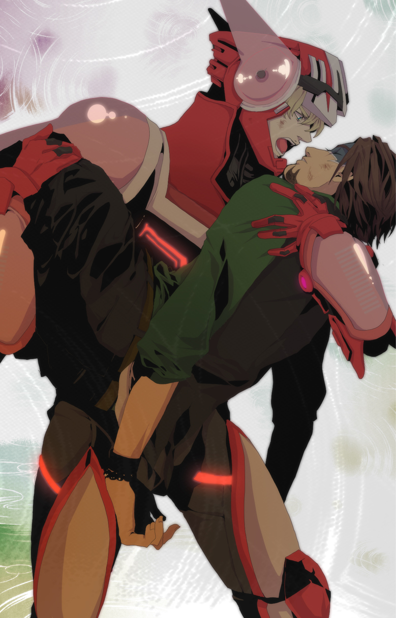 armor, barnaby_brooks_jr, blonde_hair, bracelet, brown_hair, carrying, facial_hair, green_eyes