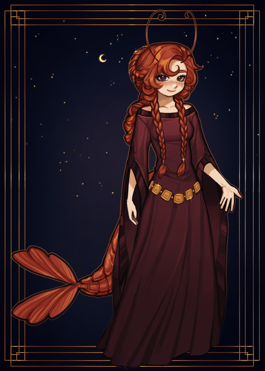 1girl, absurdres, antennae, belt, braid, brown_eyes, commentary, cookd_shrimp