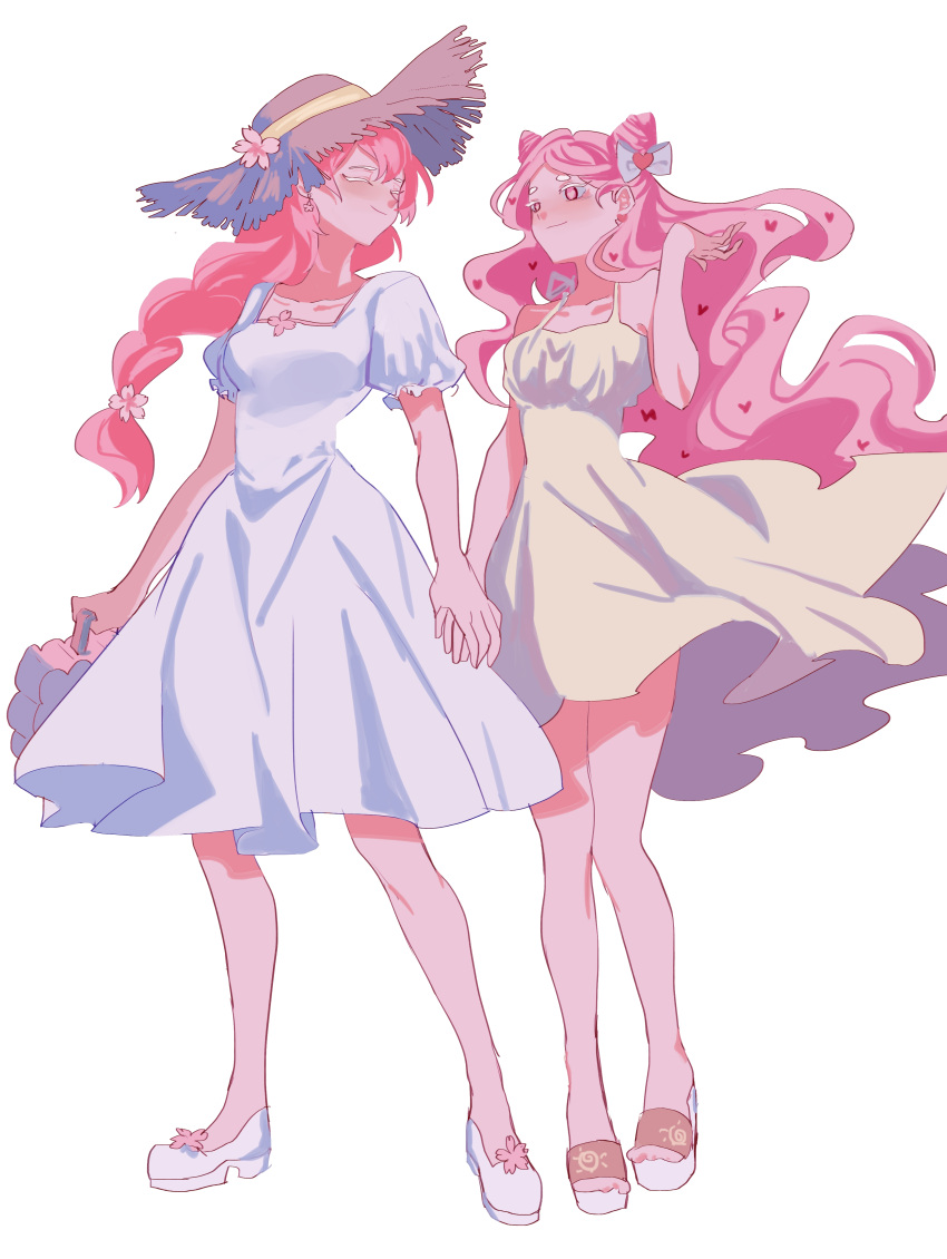 2girls, ^_^, absurdres, alternate_costume, alternate_hairstyle, arm_at_side, arms_at_sides, bad_id