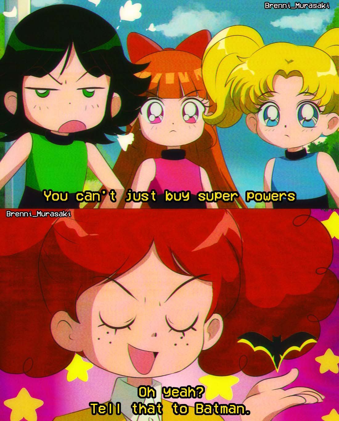 1990s_(style), 4girls, bare_arms, batman_symbol, black_hair, blossom_(ppg), blue_dress, blue_eyes