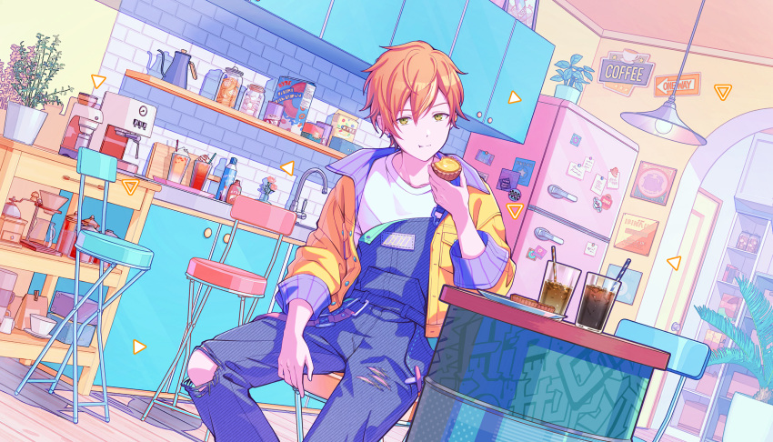 1boy, belt, biscuit_(bread), blonde_streaks, blue_overalls, bottle, cereal_box, chair