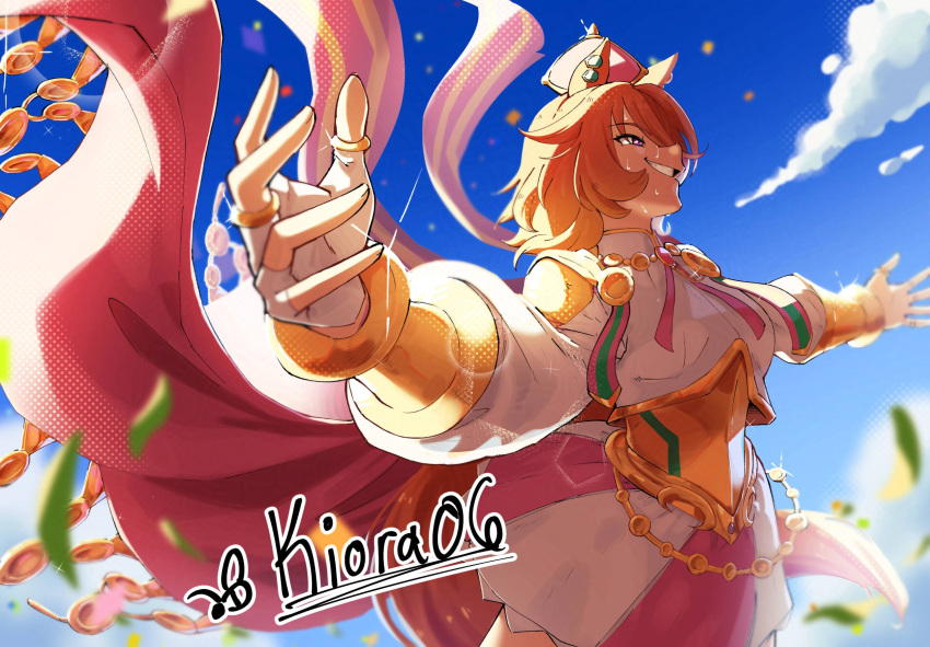 1girl, animal_ears, armor, blue_sky, breasts, cape, clouds, commentary