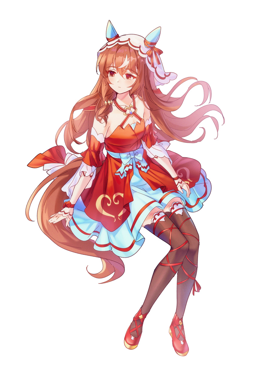 1girl, absurdres, animal_ears, bare_shoulders, black_thighhighs, brown_hair, camellia_(camel_mal), commentary_request