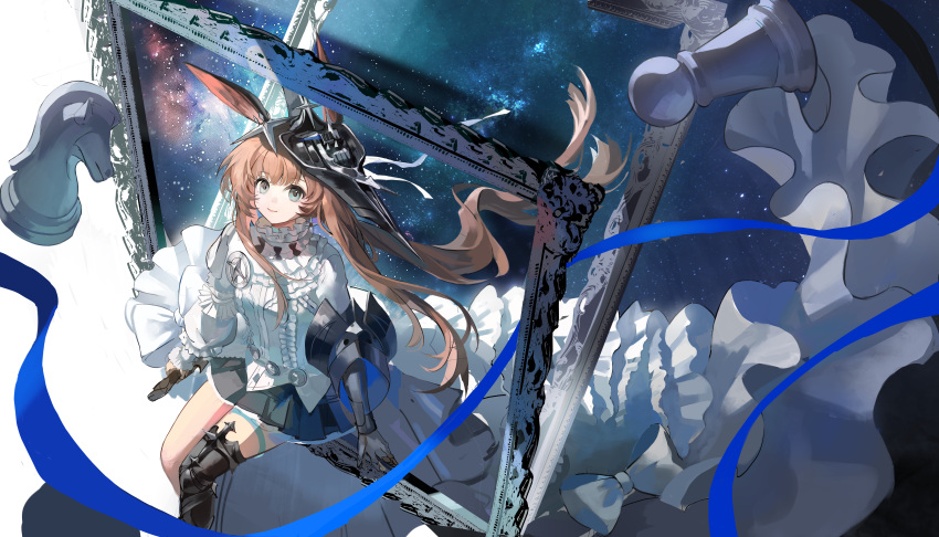 1girl, absurdres, amiya_(arknights), amiya_(guard)_(arknights), amiya_(guard)_(in_a_myriad_of_universes)_(arknights), animal_ears, arknights, black_hat, black_skirt, blue_eyes, brown_hair, fishprince19, gauntlets, hat, highres, long_hair, long_sidelocks, looking_at_viewer, low_ponytail, picture_frame, ponytail, rabbit_ears, rabbit_girl, sidelocks, skirt, sky, solo, star_(sky), starry_sky, thigh_strap