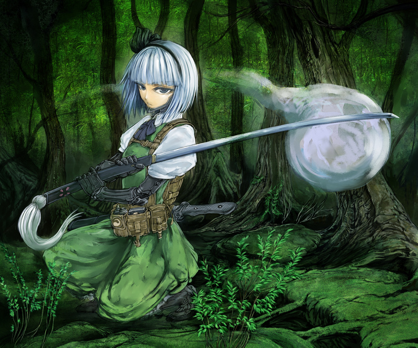 blue_eyes, cervus, cyborg, hitodama, katana, konpaku_youmu, konpaku_youmu_(ghost), nature
