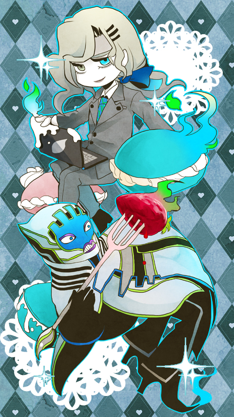 argyle, argyle_background, bad_id, bellbottoms, blue_eyes, blue_fire, blue_flame, cape