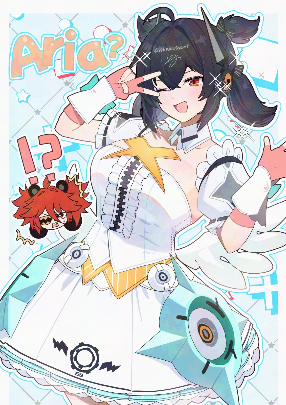 !?, 2girls, ahoge, aria_(zenless_zone_zero), aria_(zenless_zone_zero)_(cosplay), black_hair, breasts, commentary_request