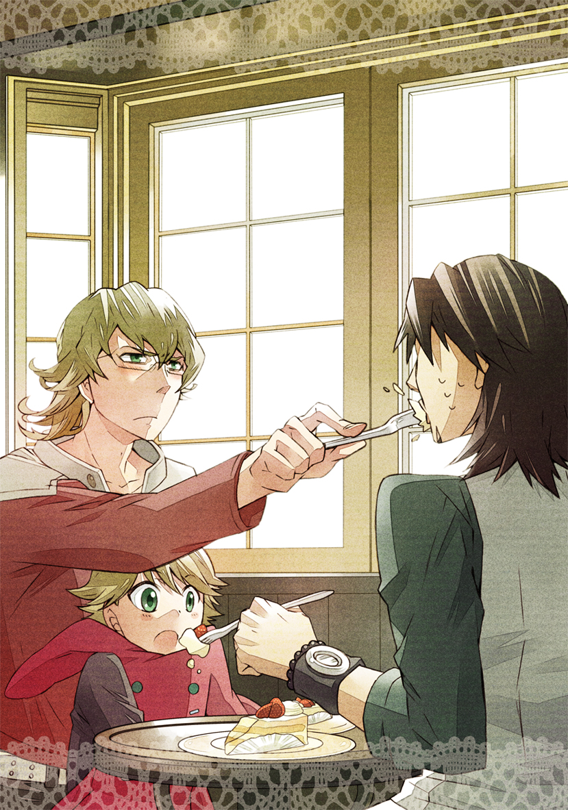 barnaby_brooks_jr, belt, blonde_hair, blush, bracelet, brown_hair, cake, child, dual_persona, facial_hair, feeding, food, fork, fruit, glasses, green_eyes, holding, holding_fork, jewelry, kaburagi_t_kotetsu, male, multiple_boys, short_hair, strawberry, stubble, studded_belt, stuffed_animal, stuffed_bunny, stuffed_toy, tiger_&amp;_bunny, time_paradox, uruchi, vest, watch, wristwatch, young