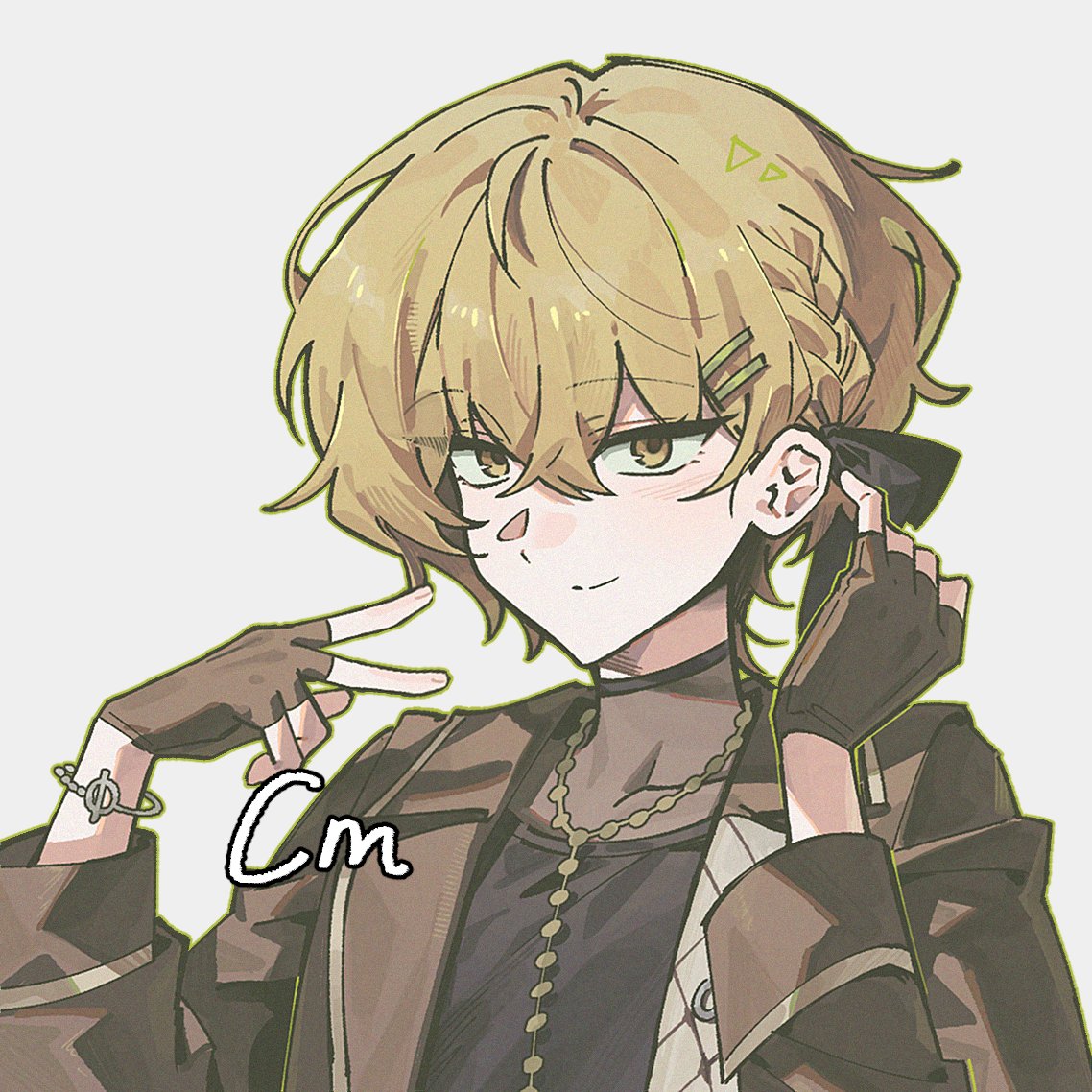 1boy, black_bow, black_choker, black_shirt, blonde_hair, bow, brown_gloves, brown_jacket