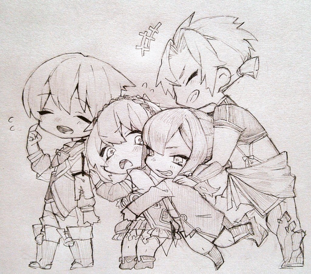 2boys, 2girls, bare_shoulders, closed_eyes, coat, commentary_request, ex_(grimms_notes), full_body