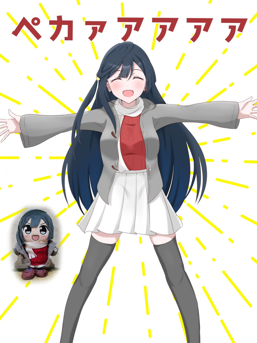 1girl, :d, aheaheliveman, arms_up, black_thighhighs, blue_hair, blush, commentary_request
