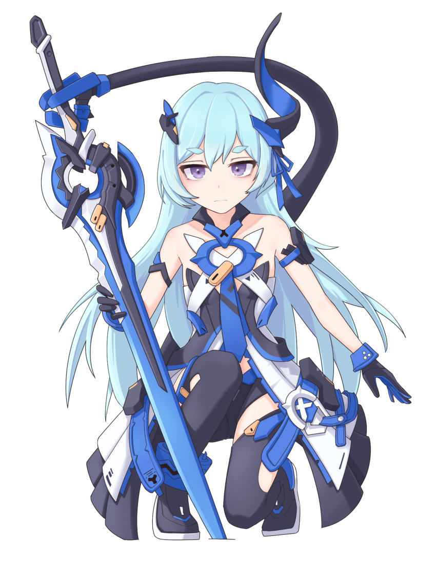 1girl, bare_shoulders, black_boots, black_gloves, blue_eyes, blue_hair, boots, closed_mouth