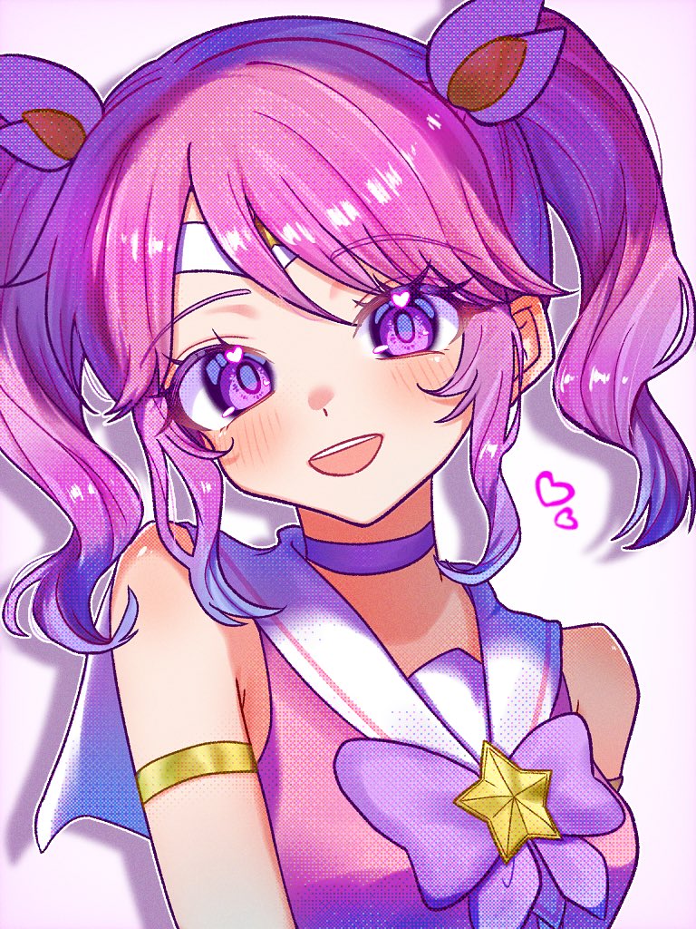 1girl, :d, bare_shoulders, blush, bow, bowtie, choker, commentary, heart, league_of_legends, long_hair, lux_(league_of_legends), magical_girl, official_alternate_costume, pi_2101, pink_bow, pink_bowtie, pink_hair, simple_background, smile, solo, star_(symbol), star_guardian_lux, teeth, twintails, upper_body, upper_teeth_only