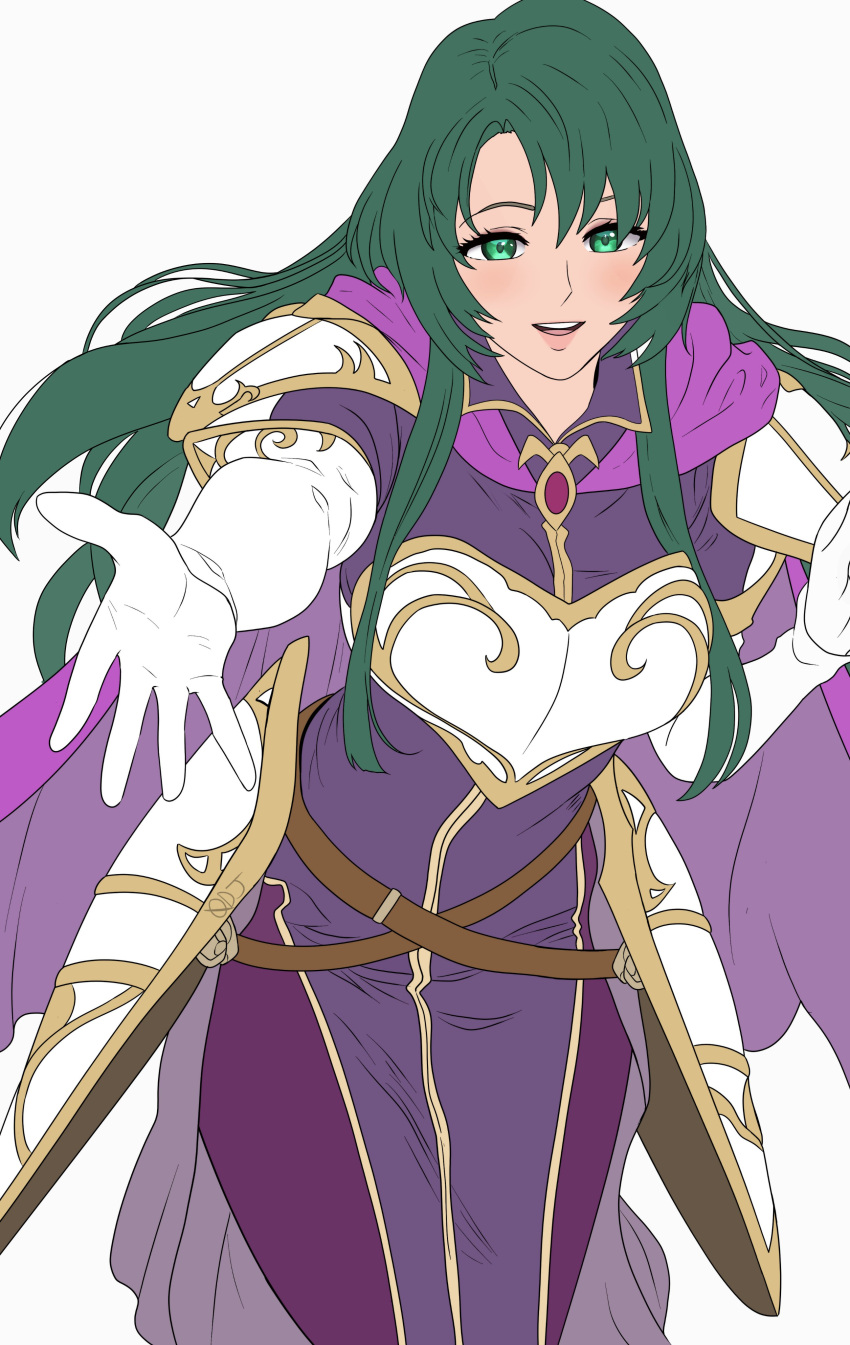 1girl, absurdres, armor, breastplate, breasts, cape, cecilia_(fire_emblem), commentary, curtained_hair, elbow_gloves, english_commentary, fire_emblem, fire_emblem:_the_binding_blade, floating_hair, gloves, green_eyes, green_hair, hair_between_eyes, highres, large_breasts, long_sidelocks, looking_at_viewer, offering_hand, oldmanjenkins84, open_hand, outstretched_hand, parted_bangs, parted_lips, pauldrons, purple_cape, reaching, reaching_towards_viewer, shoulder_armor, sidelocks, simple_background, smile, solo, tassets, upper_body, white_background, white_gloves