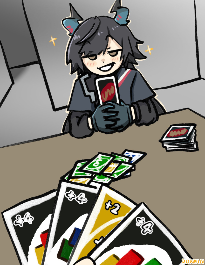 1girl, arknights, arknights:_endfield, black_gloves, black_hair, black_jacket, blush, brown_eyes, card, chen_qianyu_(arknights), commentary, dokmin, dragon_girl, dragon_horns, english_commentary, gloves, highres, holding, holding_card, horns, imminent_uno_loss_(meme), indoors, instant_loss, interlocked_fingers, jacket, jitome, meme, pov, pov_hands, smirk, solo_focus, sparkle, table, uno_(game)