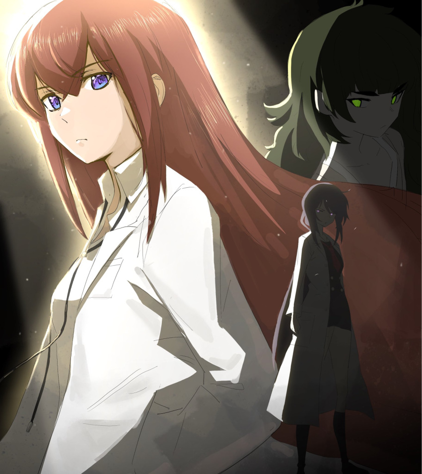 brown_hair, chaos;child, collarbone, green_eyes, green_hair, hekiho_academy_school_uniform, highres, hiyajou_maho, in-franchise_crossover, kneehighs, kunosato_mio, lab_coat, long_hair, makise_kurisu, multiple_girls, necktie, open_collar, optaku, profile, purple_hair, red_necktie, school_uniform, science_adventure, serious, socks, steins;gate, steins;gate_0, violet_eyes