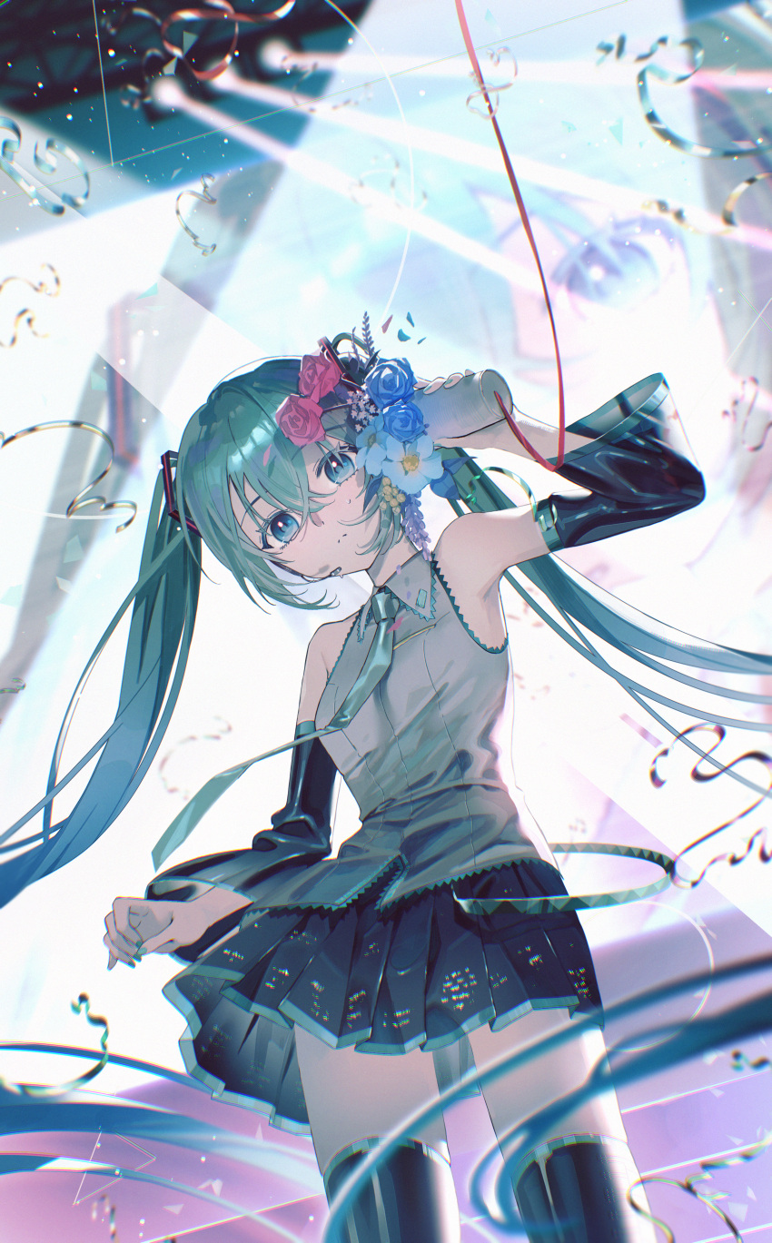 1girl, absurdres, aqua_eyes, aqua_hair, aqua_nails, aqua_necktie, armpits, aro_16666, bare_shoulders, black_skirt, black_sleeves, black_thighhighs, blue_eyes, blue_flower, blue_nails, blue_rose, collared_shirt, commentary, cowboy_shot, detached_sleeves, flower, grey_shirt, hair_between_eyes, hair_flower, hair_ornament, hatsune_miku, headset, highres, holding, holding_microphone, long_hair, looking_at_viewer, microphone, miniskirt, necktie, pink_flower, pleated_skirt, red_flower, red_rose, rose, screen_zoom, shirt, skirt, sleeveless, sleeveless_shirt, smile, solo, thigh-highs, twintails, very_long_hair, vocaloid, water_drop, white_flower, zettai_ryouiki