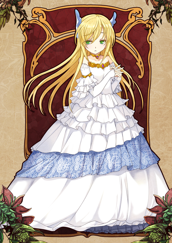 1girl, bare_shoulders, blonde_hair, brooch, dress, elbow_gloves, frilled_dress, frills