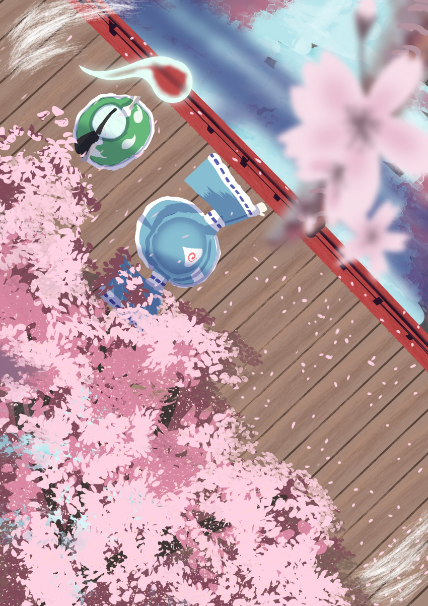 2girls, absurdres, bird's_eye_view, black_ribbon, blue_hat, blue_kimono, blurry, bridge