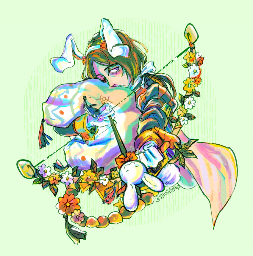 1boy, alt_text, animal_ears, bow_(weapon), commentary, cropped_torso, english_commentary, fake_animal_ears