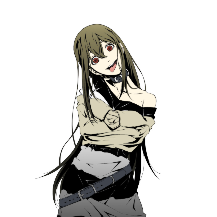 brown_hair, collar, crazy_eyes, durarara!!, highres, long_hair, niekawa_haruna, red_eyes, shirt, straitjacket, striped, striped_shirt, tongue, wankoro_mochi, yandere